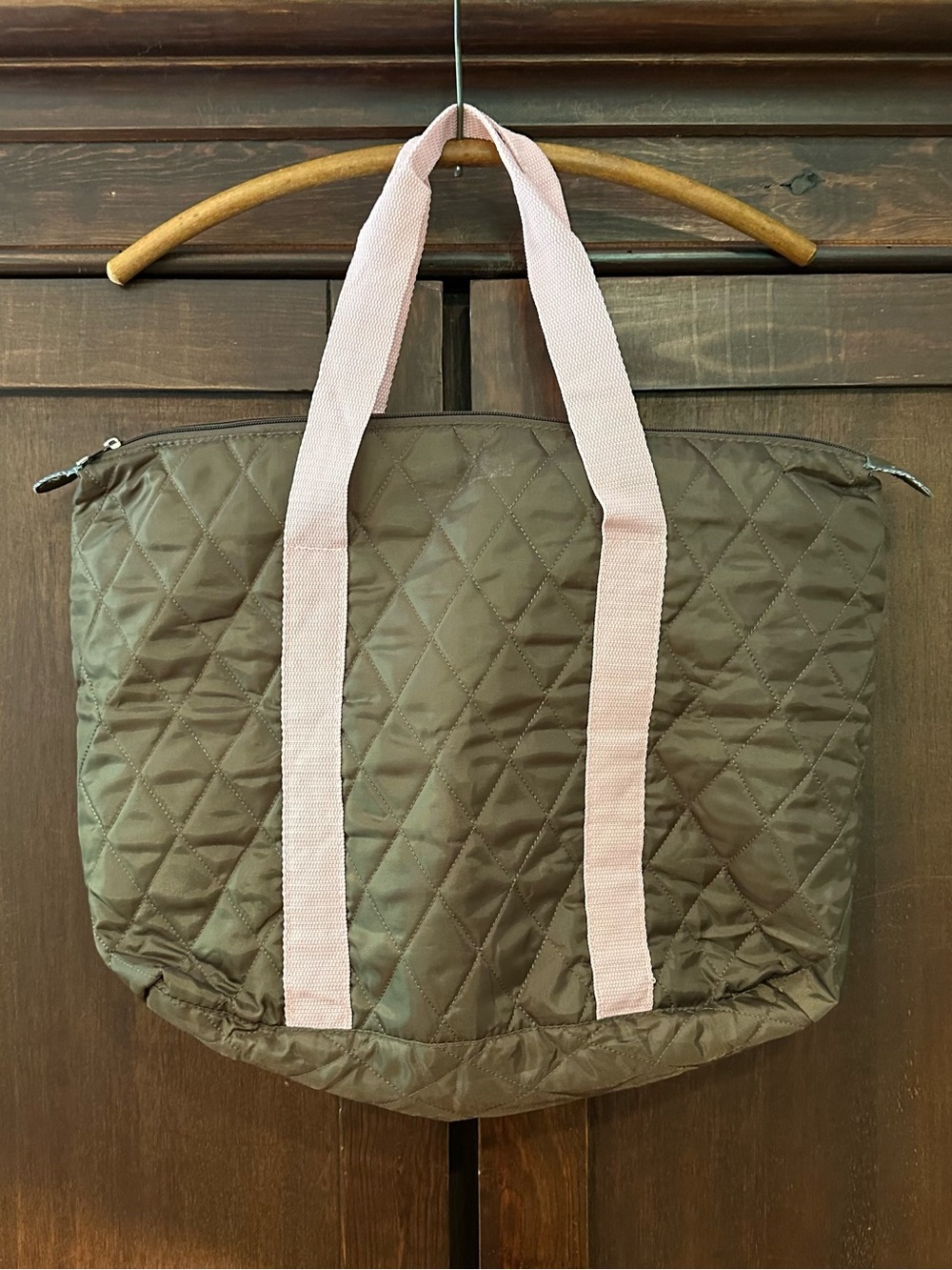Brown and pink quilted tote bag